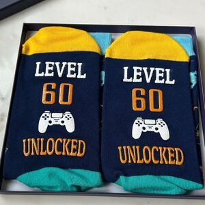 Gamer's Level 60 Unlocked birthday Socks - Navy and Yellow